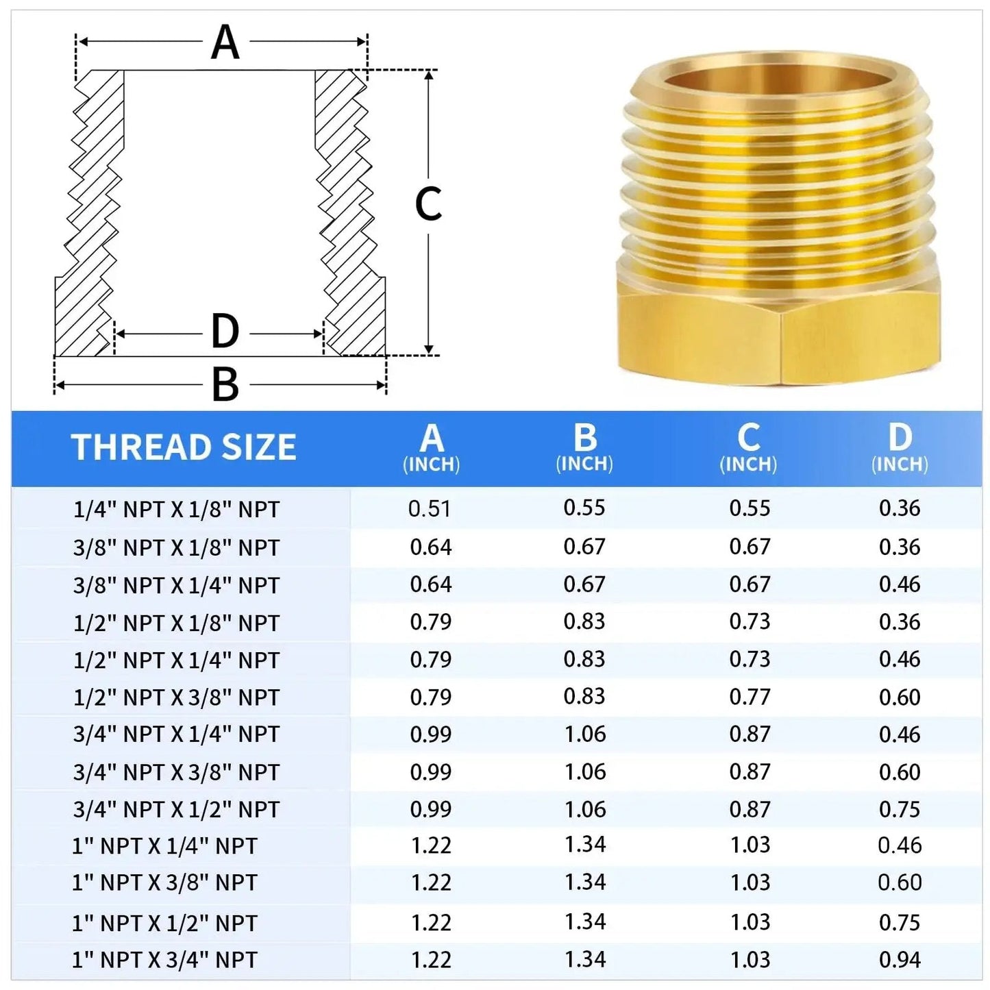 Diagram and size chart for Durable Brass Pipe Fitting Reducer Hex Bushing 1/2 NPT Male To 1/4 NPT Female Thread Adapter