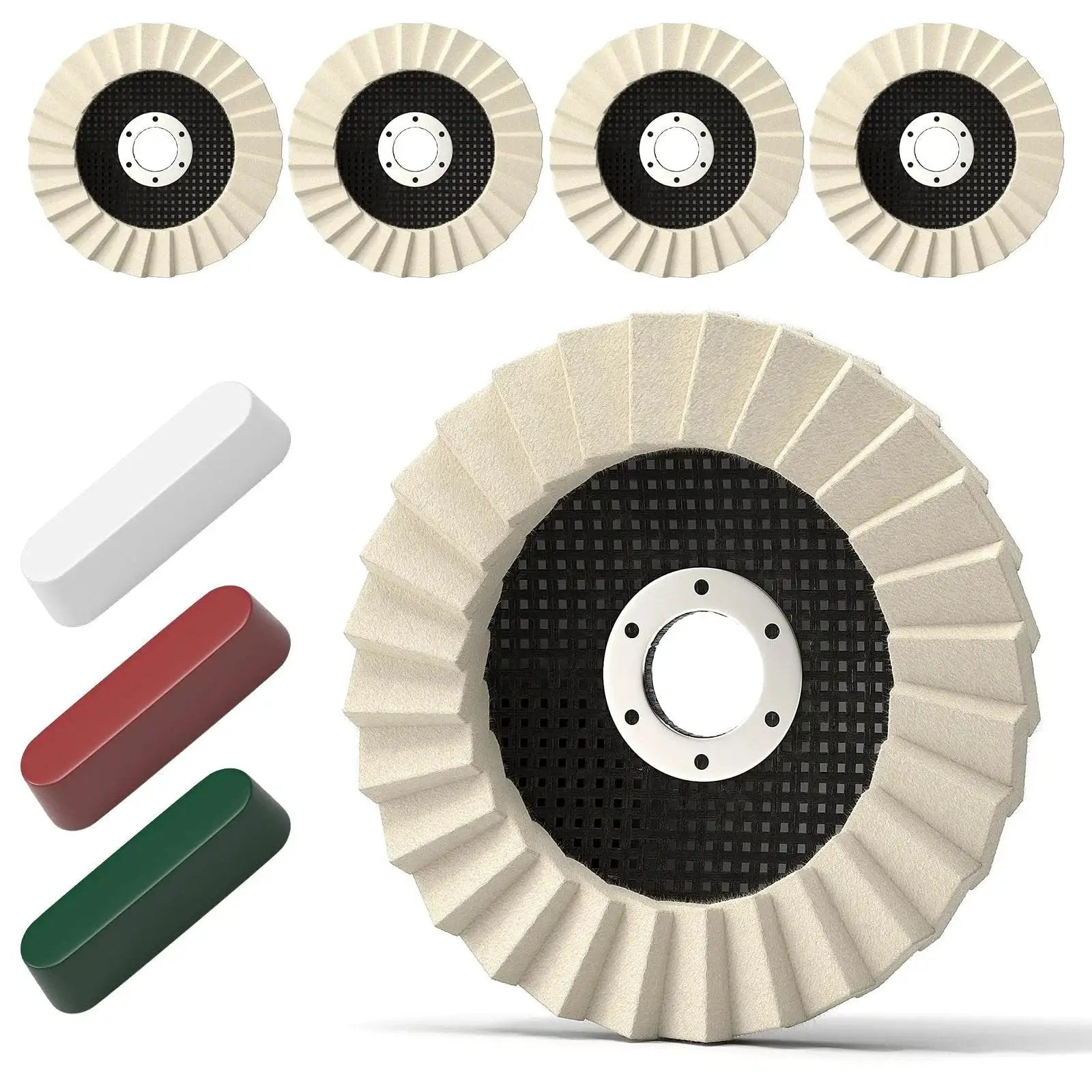 All-In-One Pro Grade Wool Polishing Wheel Kit With Five Buffing Wheels And Three Polishing Compounds For Multi-Surface Buffing On Metal Wood Automotive And Ceramic Includes Felt Flap Discs For Angle Grinder From BURMONG