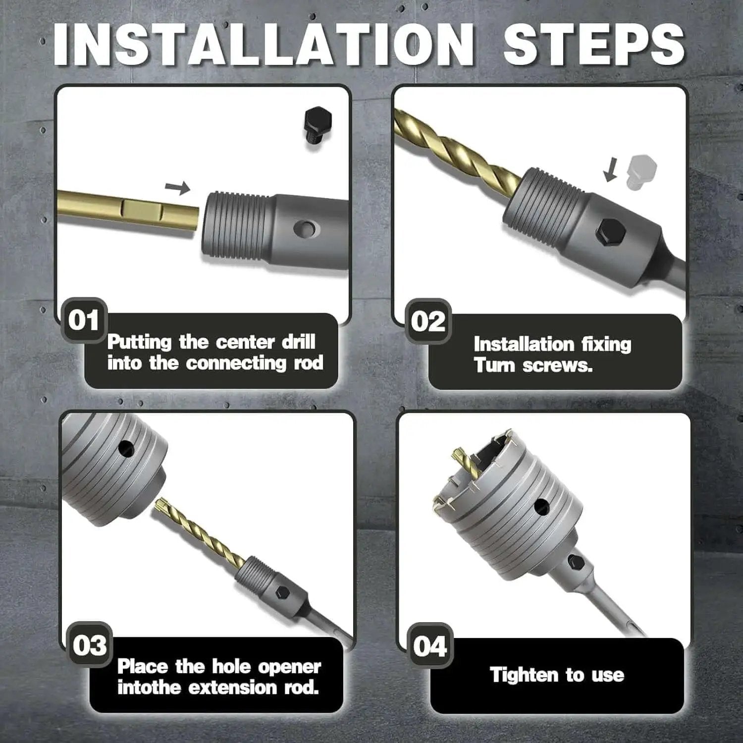 Installation steps for Heavy Duty Pro Grade 4 Inch Concrete Hole Saw Kit with 220mm SDS Plus Shank for masonry drilling