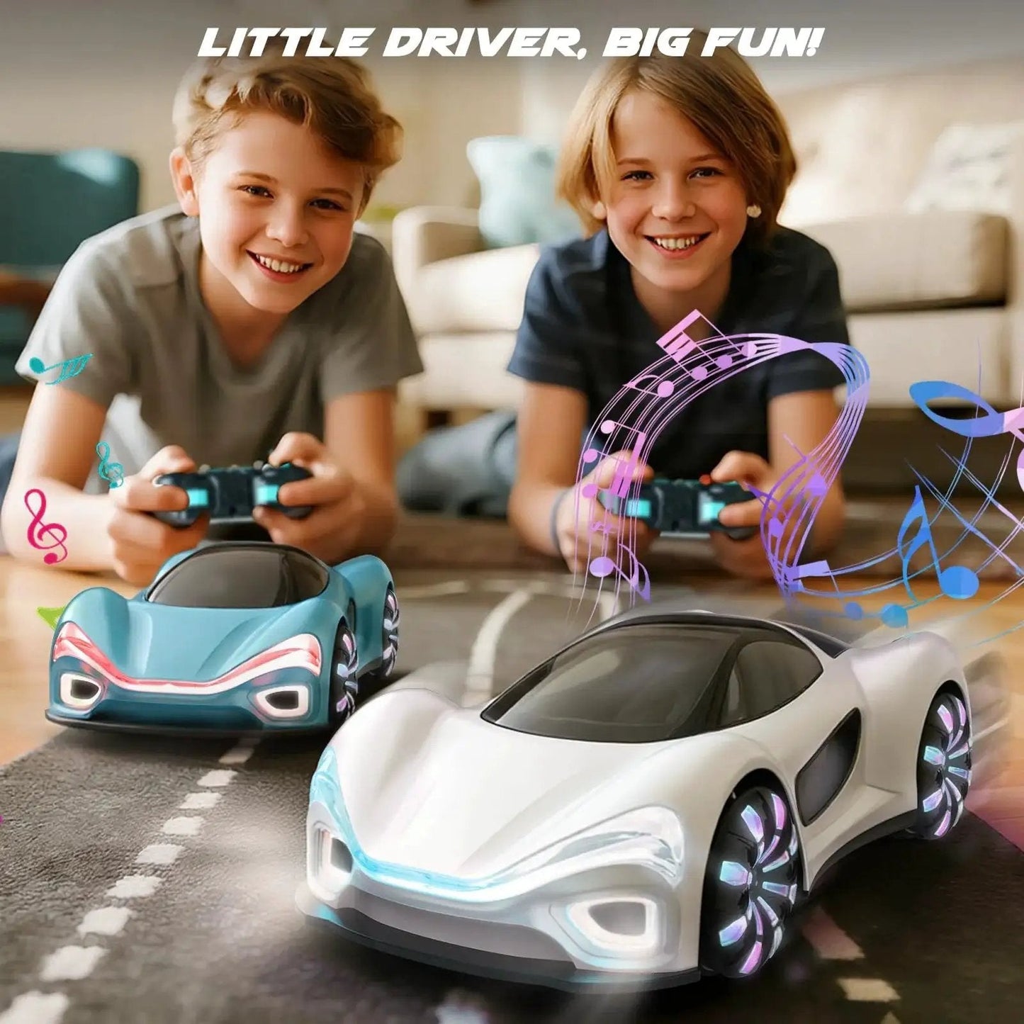 Two kids playing with Gesture Sensing Remote Control Car with Charging Dock, 360 Degree Omnidirectional Mecanum Wheels, LED lights.