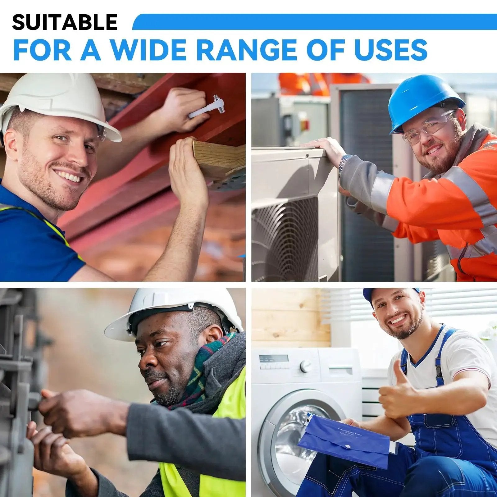 Collage of workers using tools for plumbing, HVAC, construction, and appliance repair, highlighting versatile bore gauges.
