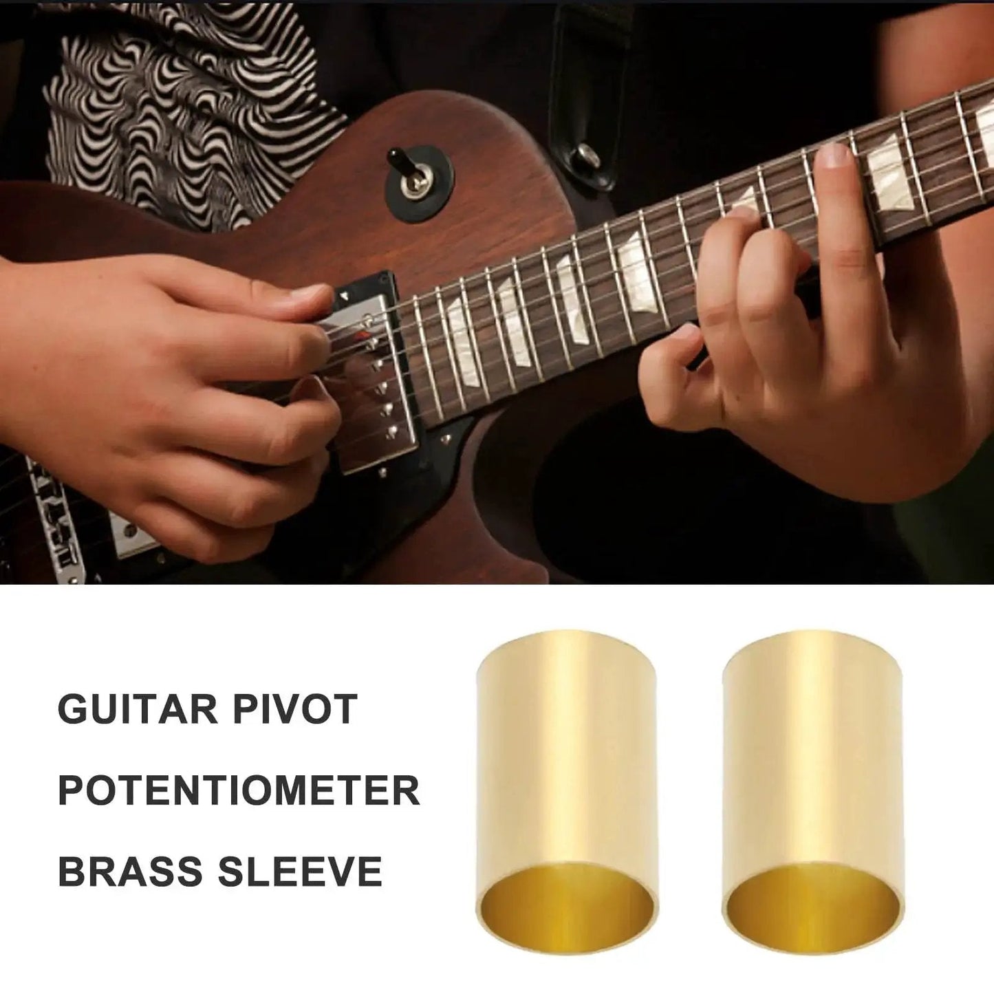 Guitar Brass Pot Sleeves 10 Pcs 6.35 Mm Outer 6.04 Mm Inner 9.5 Mm Length shown near electric guitar playing