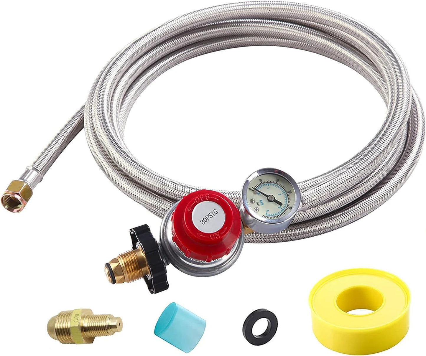 High Pressure Propane Regulator With Gauge And 12 Ft Stainless Steel Braided Hose Adjustable 0 To 30 PSI POL Connector