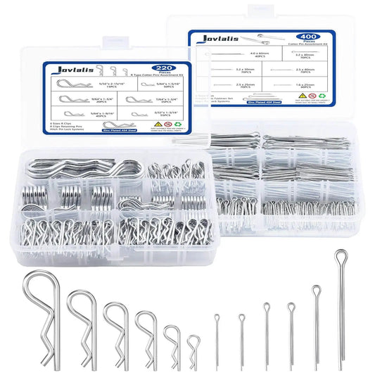 620 Pcs Cotter Pins Assortment Kit With Hairpin Cotter Pins And R Clips In 12 Sizes; zinc plated, displayed in boxes with labels
