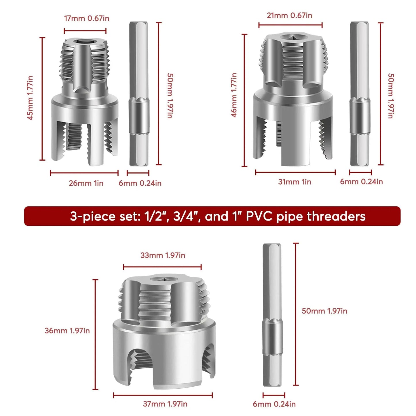 PVC Pipe Threader Set For Plumbing Repairs, A 3 Piece Carbon Steel Tool Kit For Internal And External Threads On 1", 1/2", 3/4" Pipes