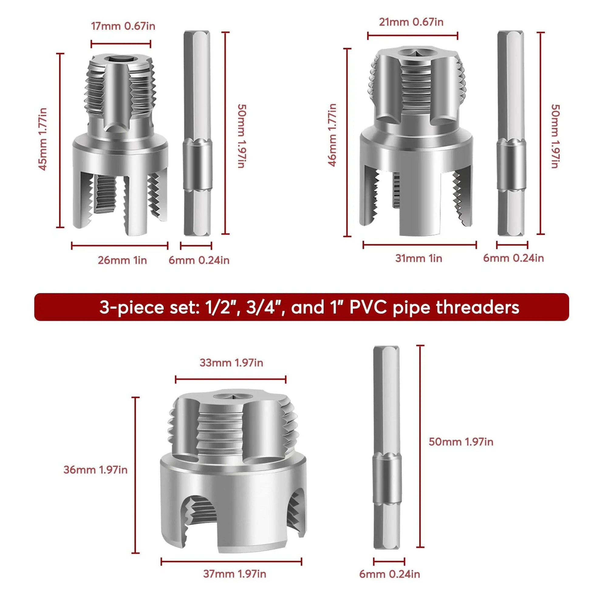 PVC Pipe Threader Set For Plumbing Repairs, A 3 Piece Carbon Steel Tool Kit For Internal And External Threads On 1", 1/2", 3/4" Pipes