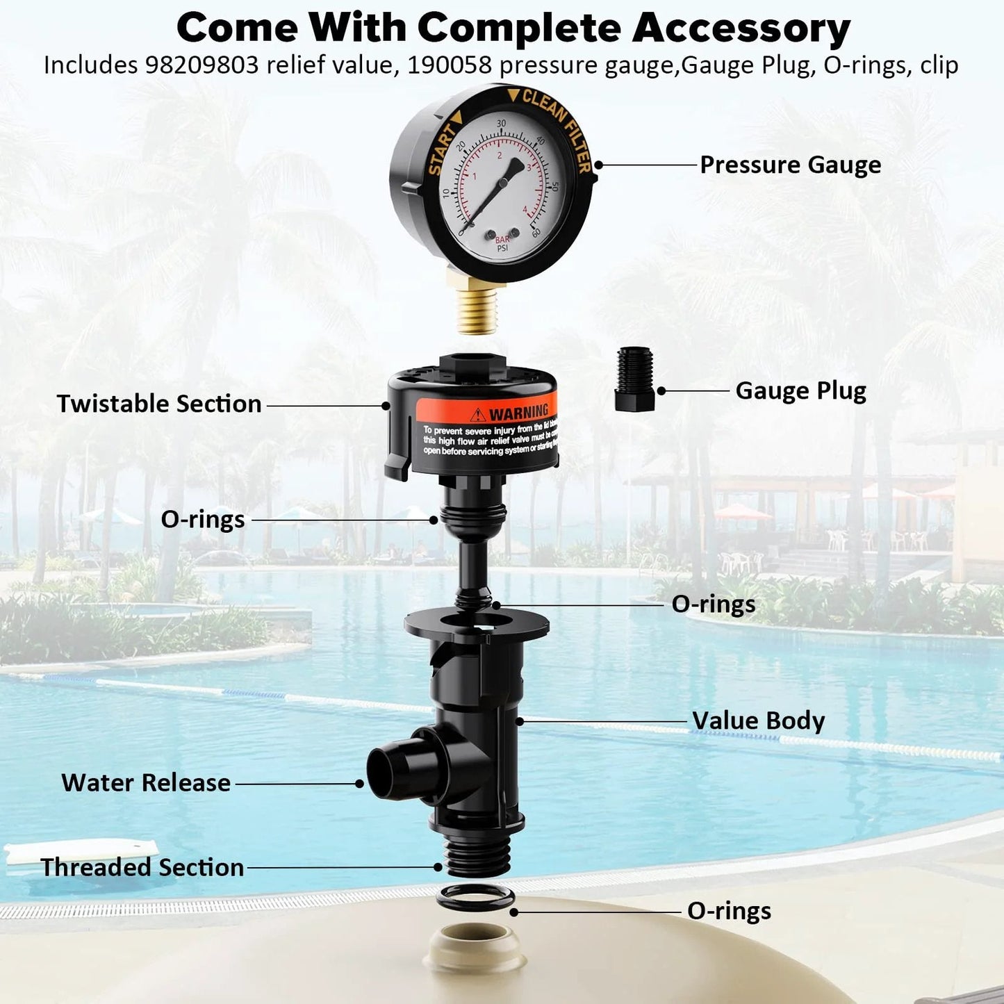 High Flow Manual Air Relief Valve For Pool And Spa Filters With Pressure Gauge Replacement Includes Gauge Plug O Rings And Clips Compatible With Warrior EasyClean Clean And Clear Quad DE Series And More, showing pressure gauge and components.