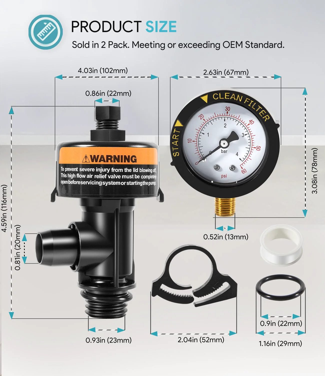 High Flow Manual Relief Valve with Integrated Pressure Gauge for Pool and Spa Cartridge Filters Replacement, product size details.