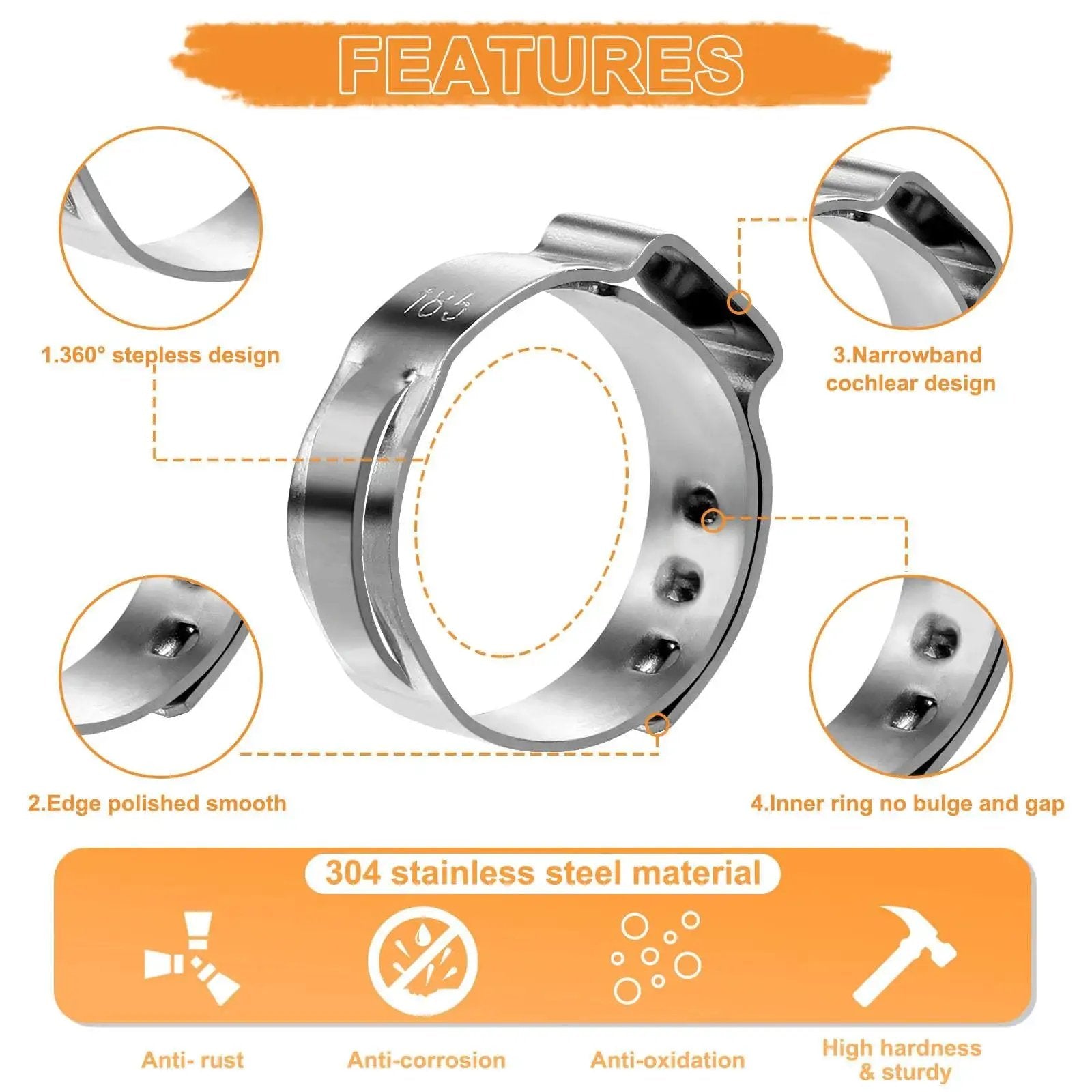 Pro Grade 120 Pcs Ear Hose Clamp Kit With 11 Sizes From 6 To 33.1mm Stepless Cinch Rings Crimp Assortment in 304 Stainless Steel features