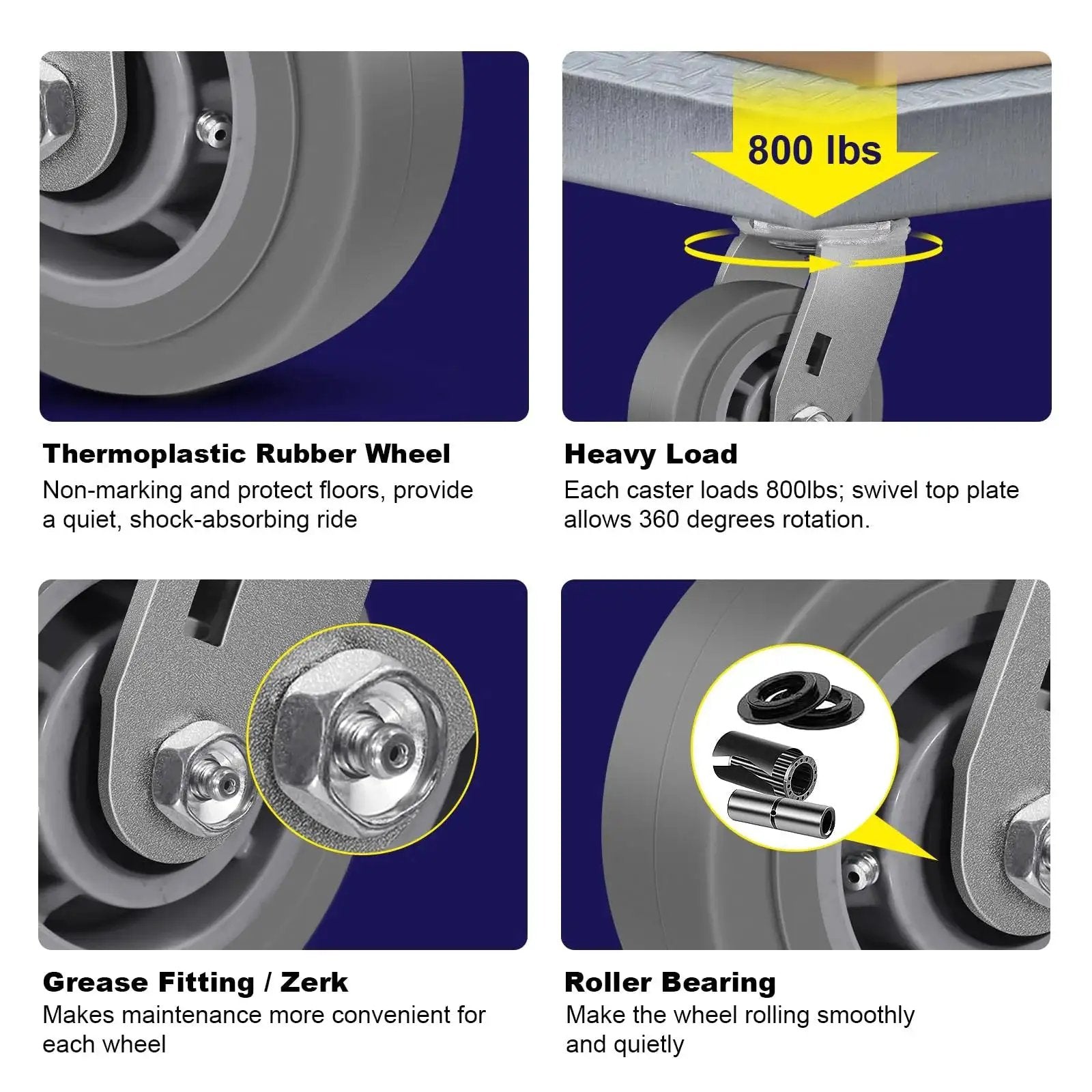 Product details display highlighting 5 Inch Heavy Duty Swivel Caster Wheels Set Of 4 For Carts Industrial Use With Thermoplastic Rubber Wheels.