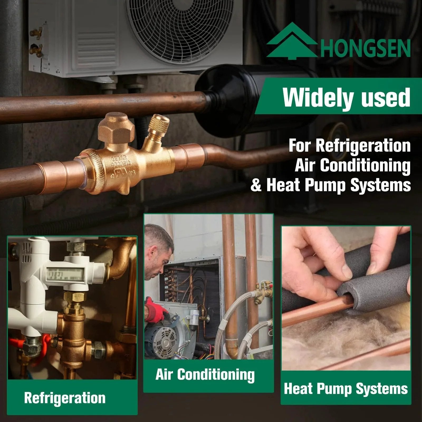 Beefy Brass Refrigeration Ball Valve Three Eighths ODF With Helium Leak Tested And Leak Proof Sealing High Pressure 900 PSI Copper Tube Solder Connection For Air Conditioning And Heat Pump Systems UL Listed Hong Sen installed in HVAC pipe system.
