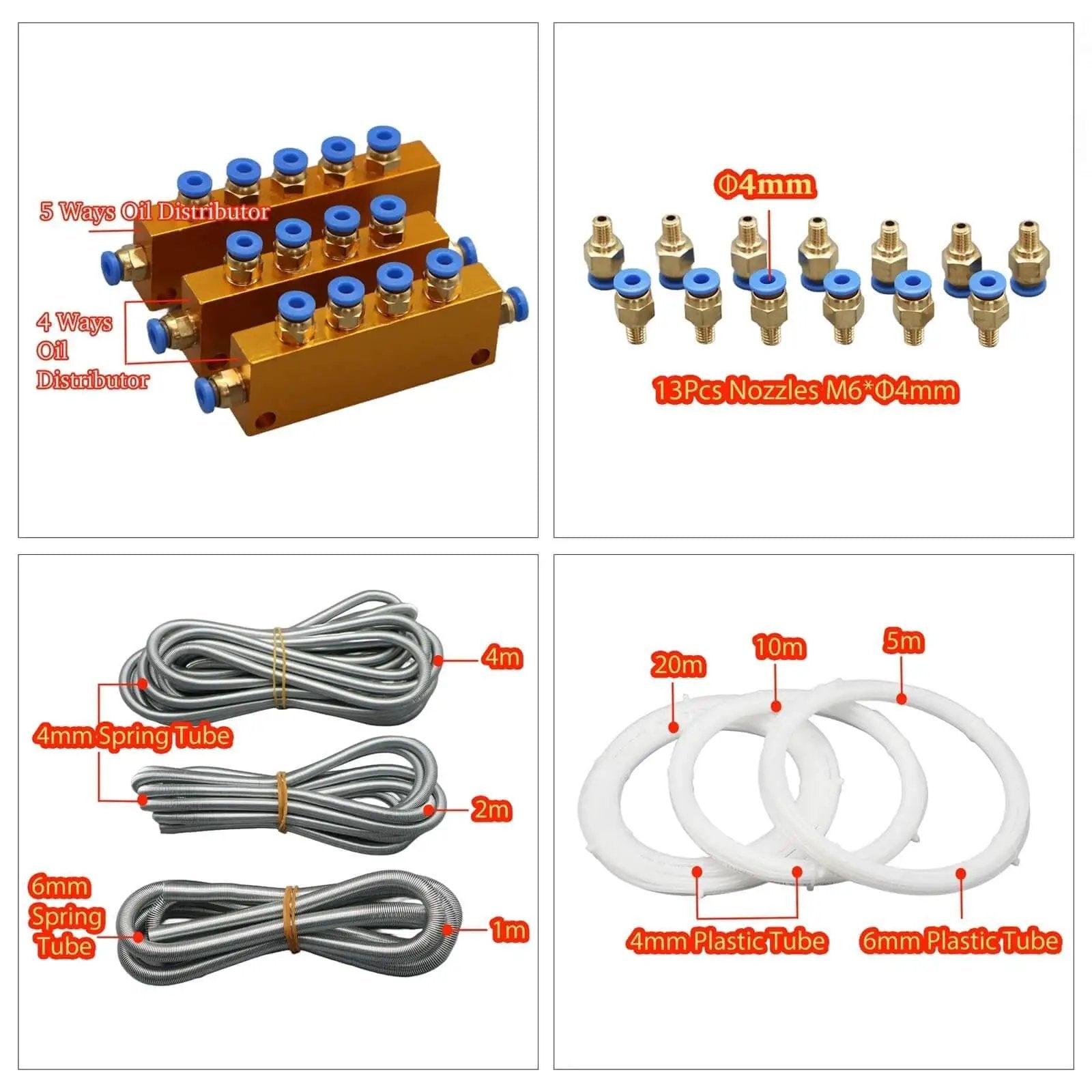 Components of Automatic CNC Lubrication Pump System Kit showing oil distributors, nozzles, spring tubes, and plastic tubes for machine tools.