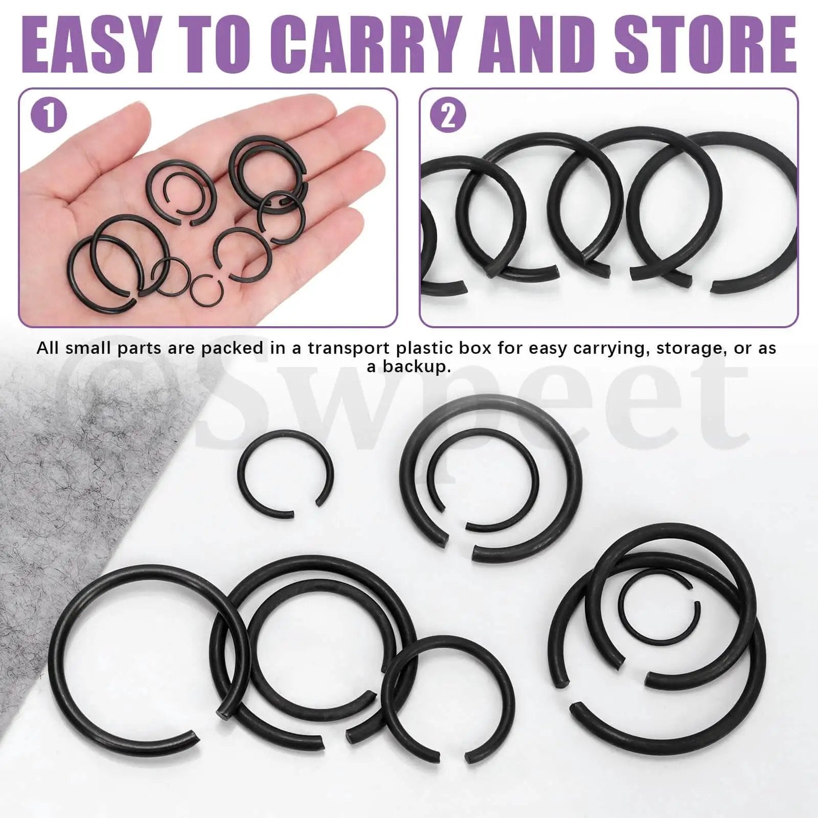 All In One Snap Ring Kit for Bearings and Shafts, 150 Pcs External C Clips Set Featuring 10 Sizes 10mm to 26mm displayed in hand and on surface.