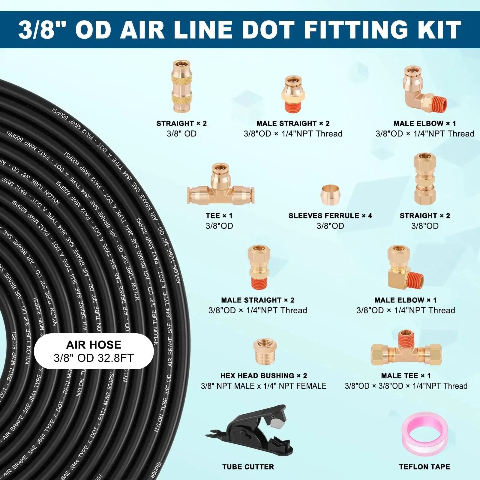 All In One 21 Piece 32.8 Ft Three Eighths DOT Air Line Fittings Kit With Quick Push To Connect parts displayed with air hose
