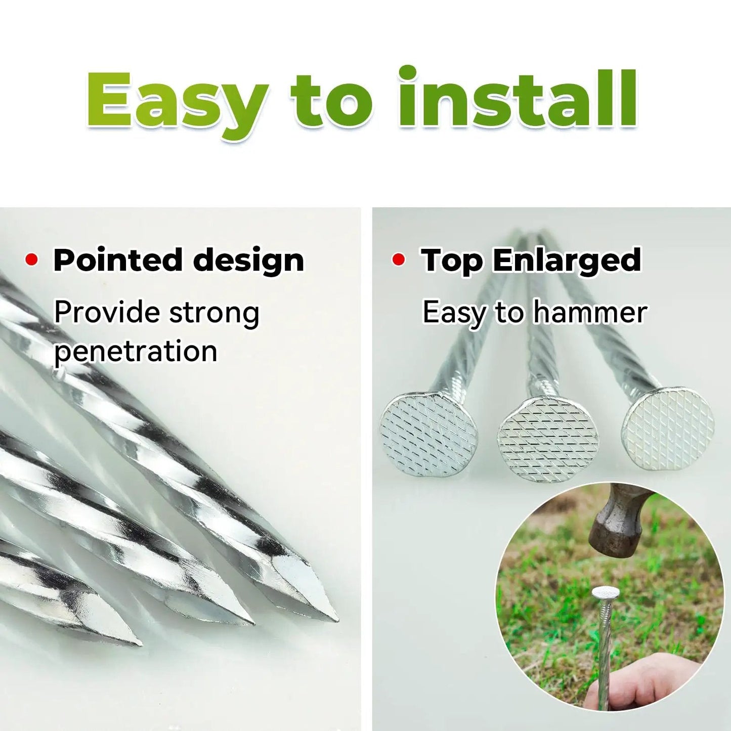 Close-up of Heavy Duty 50 Pack Galvanized Landscape Stakes 10 Inch Spiral Spikes with pointed design and enlarged tops for easy installation.