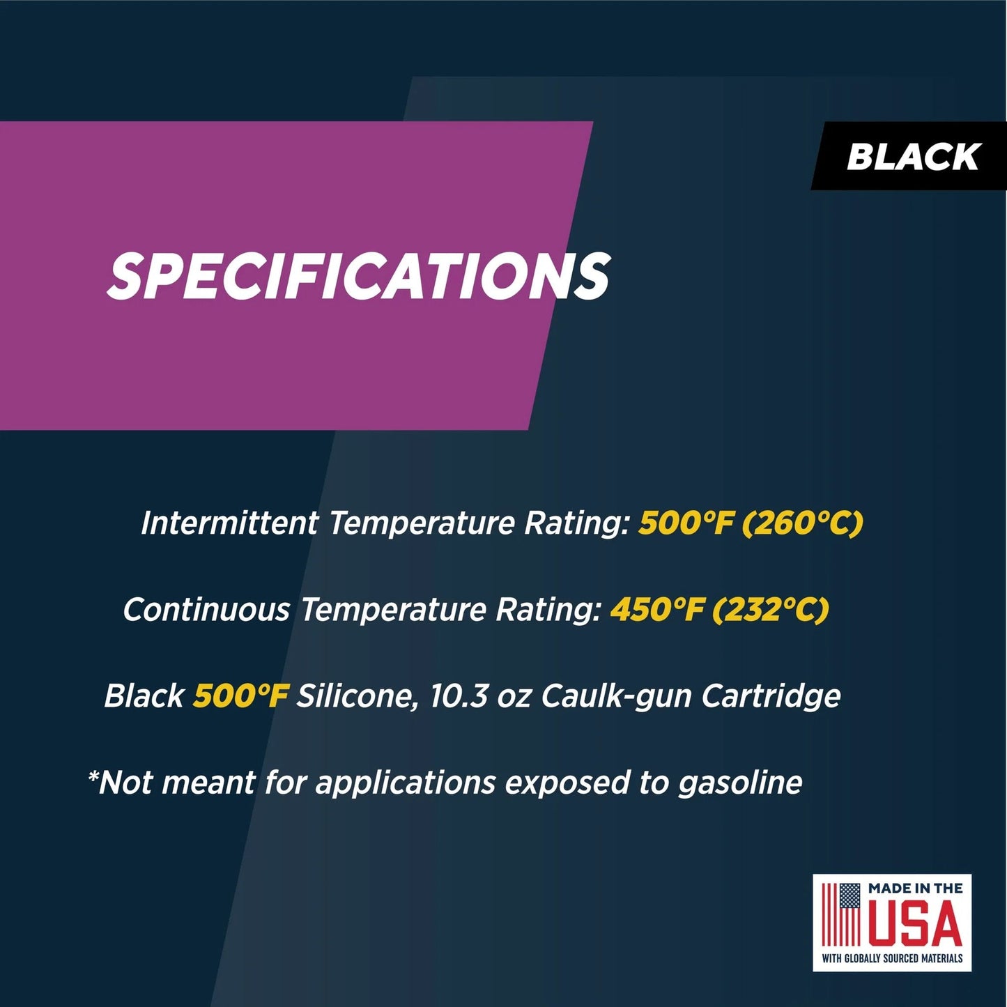 Image displaying specifications of High Temperature Black Silicone Sealant For 500F RTV Gasket Maker Adhesive.