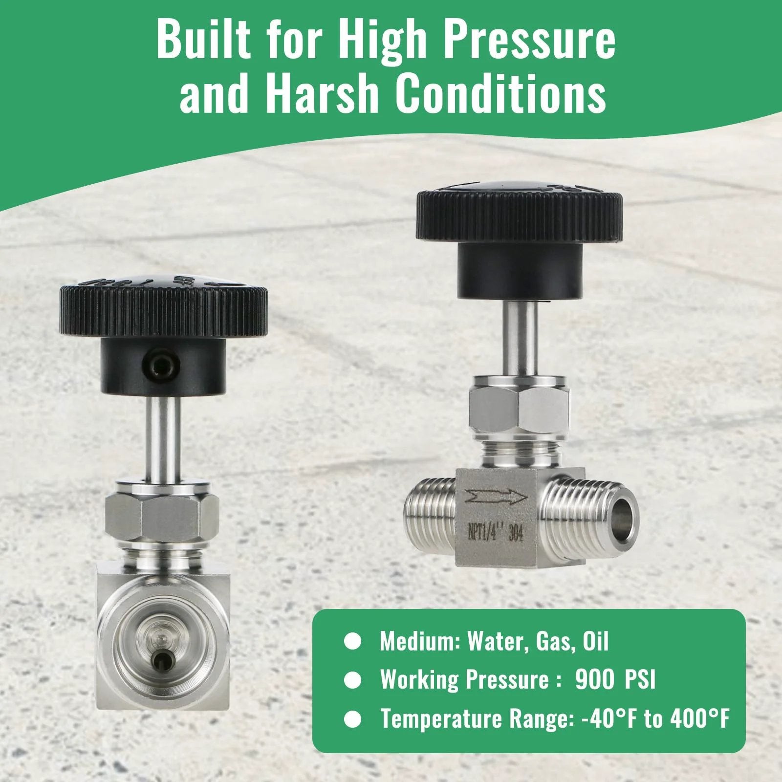 Pro Grade Stainless Steel Needle Valve One Quarter Inch NPT Male Straight High Pressure Flow Control For Water Oil Gas Systems 900 PSI 304 Stainless Durable For Industrial And Lab Use displayed with specifications.