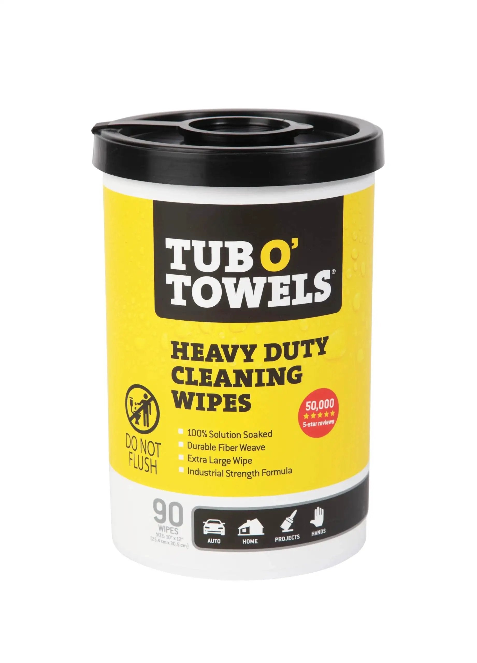 Heavy Duty 10x12 Cleaning Wipes For Multi Surface Cleaning 90 Count Canister with yellow label and black lid