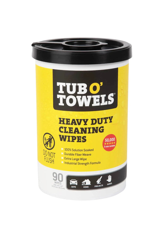Heavy Duty 10x12 Cleaning Wipes For Multi Surface Cleaning 90 Count Canister with yellow label and black lid