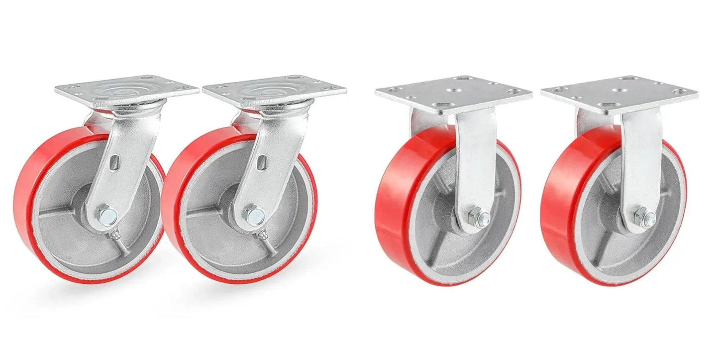 Industrial Casters Set Of 4 With Brakes, 6 Inch Swivel And 2 Rigid Wheels, Heavy Duty 5000 Lbs Capacity, Maintenance Free Polyurethane On Aluminum Wheels, Ideal For Machines And Workbenches, Durable Non Sparking And Non Conductive.