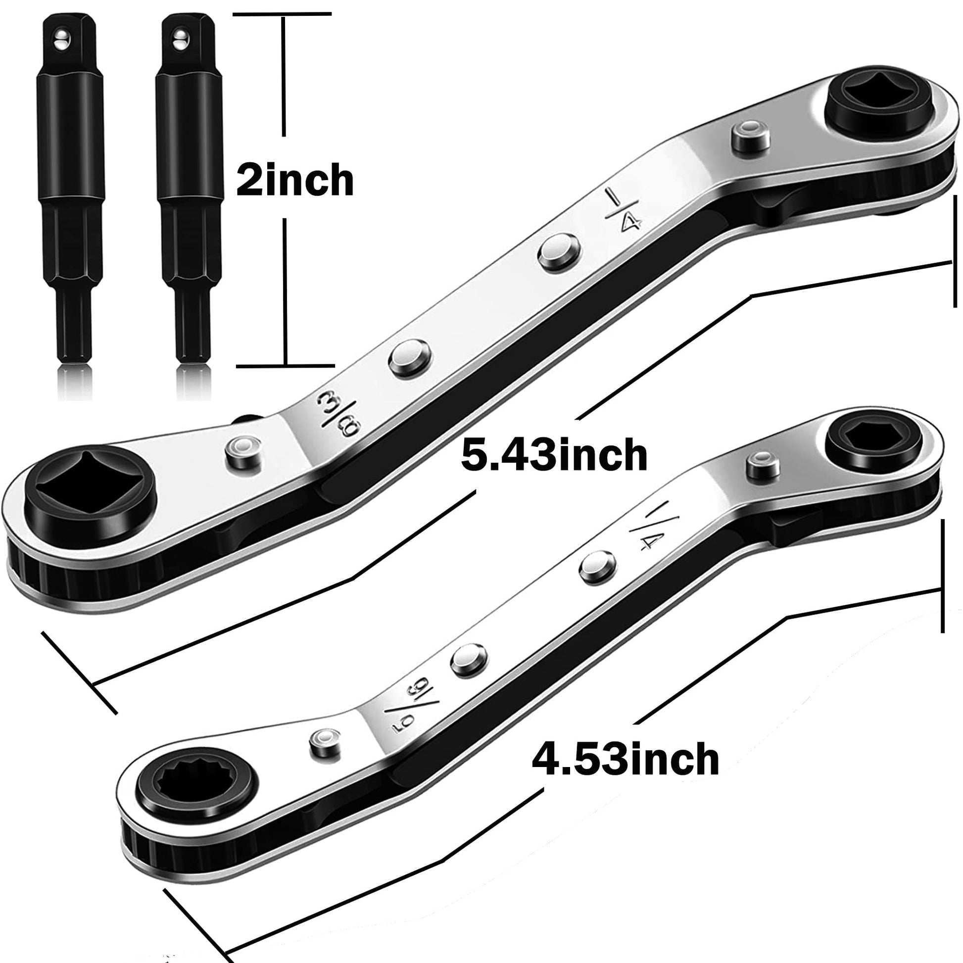 HVAC Air Conditioning Valve Ratchet Wrench Set With Dual Pneumatic Wrenches For Three Sixteenths To Three Eighths Inch Includes Five Sixteenths By One Quarter Inch Adapters And Two Hex Bit Adapters For Refrigeration Tool And Equipment Repair.