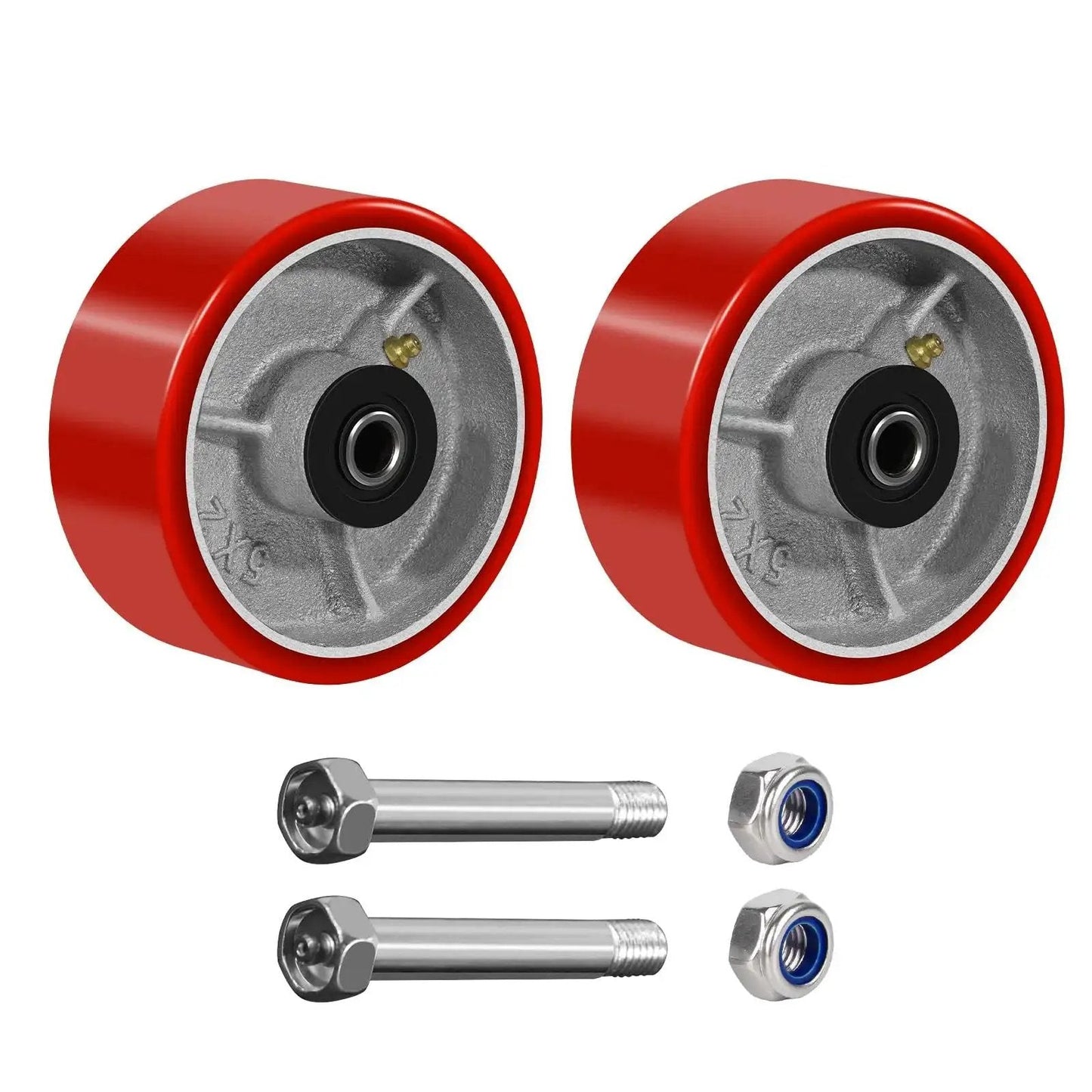 Heavy Duty Five Inch By Two Inch Polyurethane On Cast Iron Wheel With One Half Inch Bore Axle, Replacement Industrial Caster Wheels Set Of Two For Cart And Toolbox, Non Marking Tread, Quiet Smooth Roll, High Weight Capacity