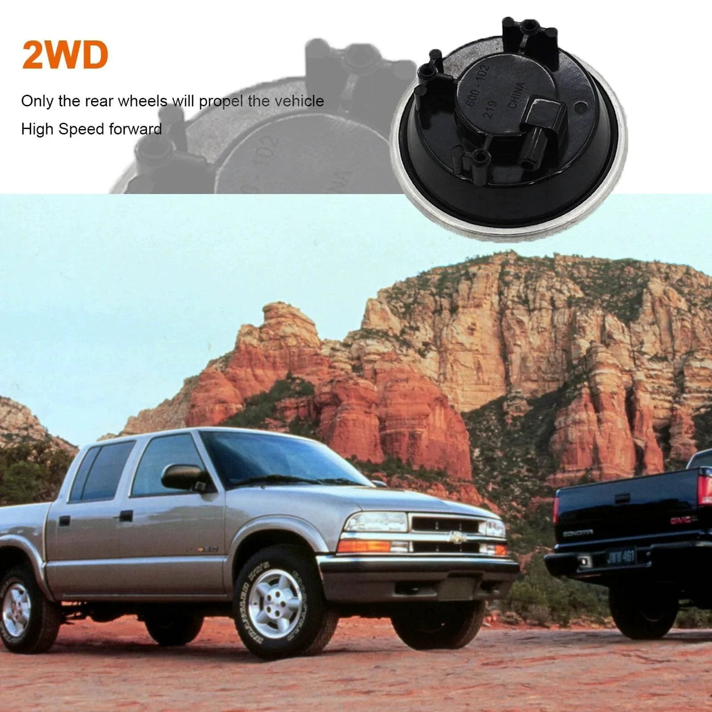 Four Wheel Drive Differential Vacuum Actuator For Chevy S10 Blazer S15 Jimmy Sonoma 1983 To 2005 4x4 SUVs 25031740 8250317400 High Quality Replacement Part Direct Fit Durable Replacement Part with trucks in background.