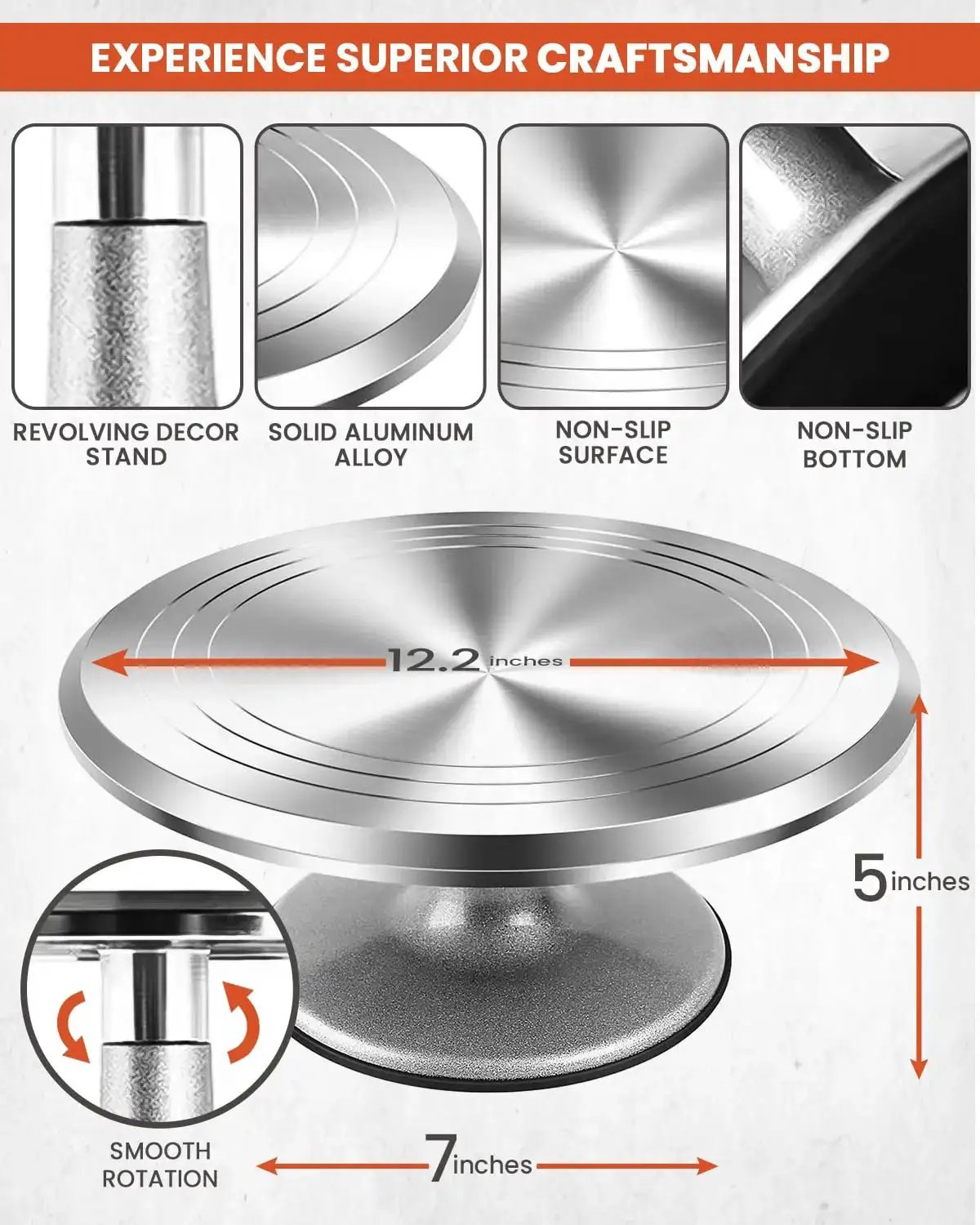 All In One Aluminum Cake Decorating Kit With 12 Inch Rotating Turntable 250 Piece Baking Tools Set Including 48 Icing Tips shown in aluminum turntable close-up