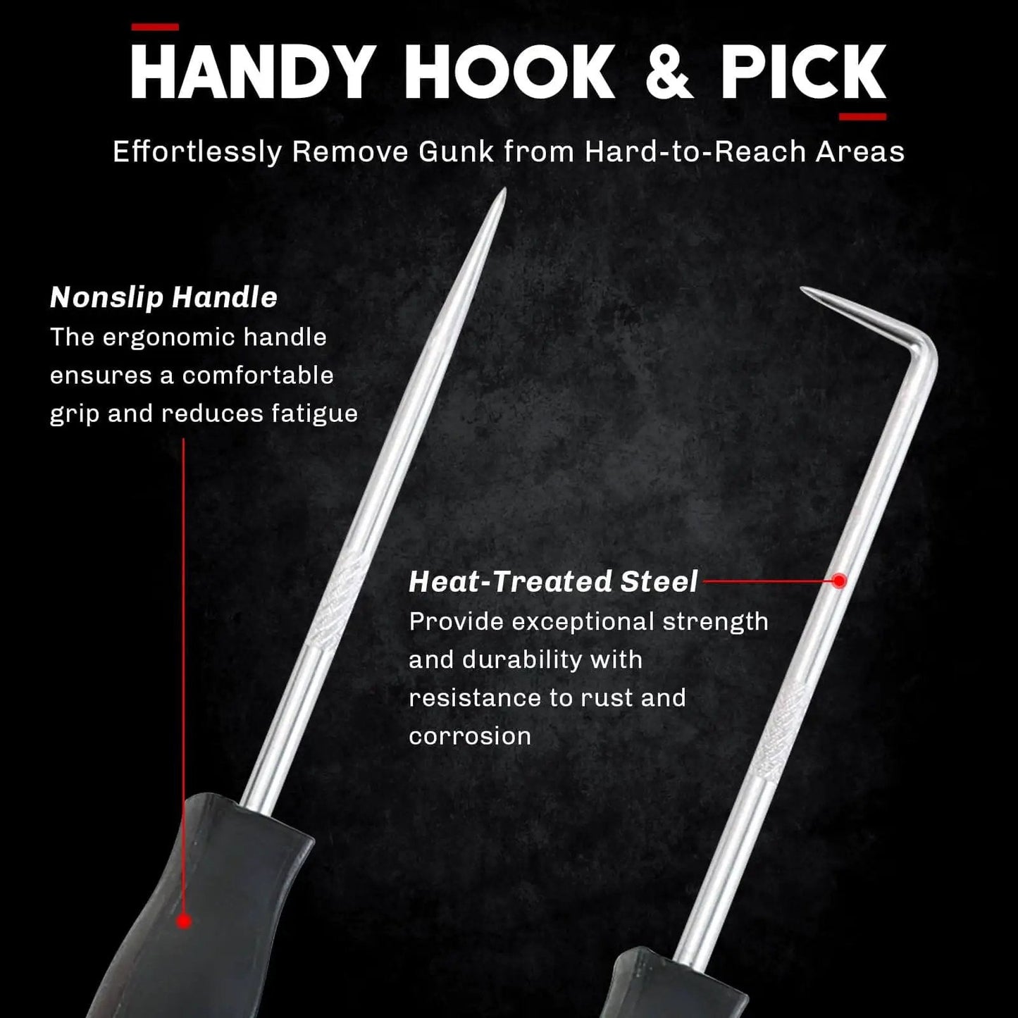 11 Piece Snap Ring Pliers Set Tough As Nails Heavy Duty Straight And Bent Retaining Ring Pliers With Hook And Pick Internal And External Circlip Removal Tools For Cars Trucks Motorcycles Lawn Mower And Farm Equipment Built With Heat Treated 45 Steel, showing close-up of hook and pick tools with ergonomic nonslip handles.
