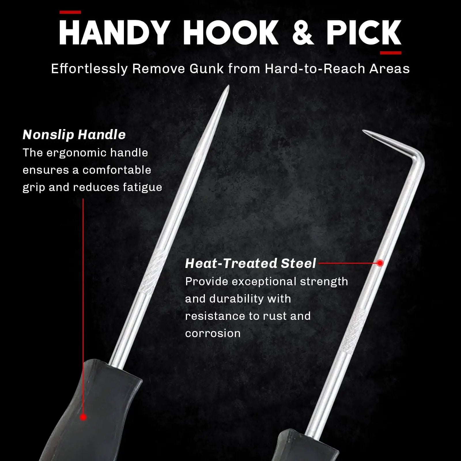 11 Piece Snap Ring Pliers Set Tough As Nails Heavy Duty Straight And Bent Retaining Ring Pliers With Hook And Pick Internal And External Circlip Removal Tools For Cars Trucks Motorcycles Lawn Mower And Farm Equipment Built With Heat Treated 45 Steel, showing close-up of hook and pick tools with ergonomic nonslip handles.
