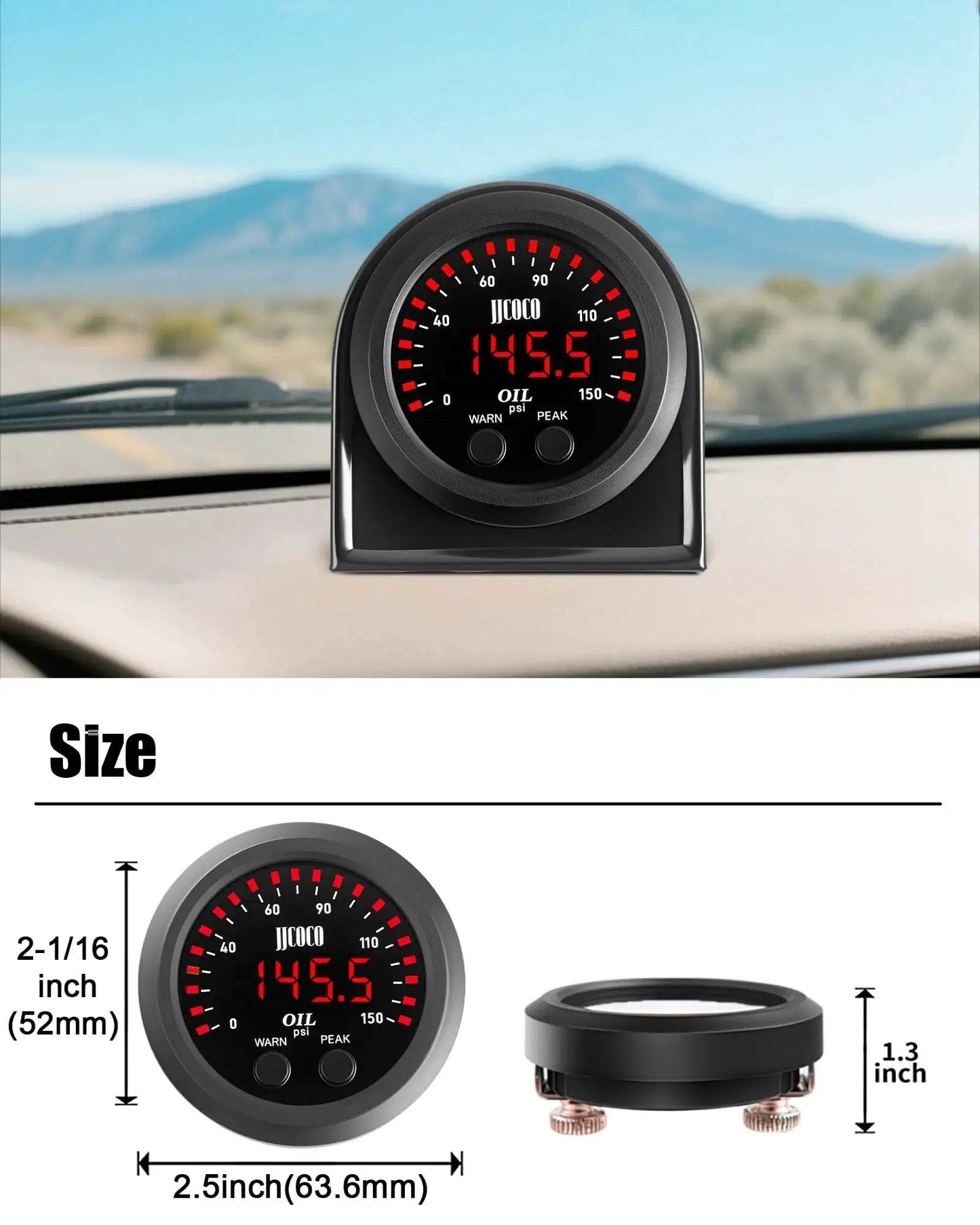 Digital LED Oil Pressure Gauge Kit With 0 To 150 PSI Range Digital Red LED Readout For Fast Clear Readings For Gearheads In Day Or Night 1 8NPT Electronic Sensor And Mounting Bracket For 12V And 24V Cars Trucks And Vehicles 52mm Gauge JJCOCO Now featuring a black gauge on a car dashboard