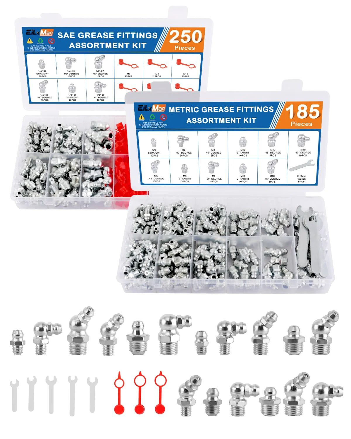 Grease Fittings Assortment Kit 435 Pcs SAE and Metric Zerk Fittings with various angles and caps, in divided cases