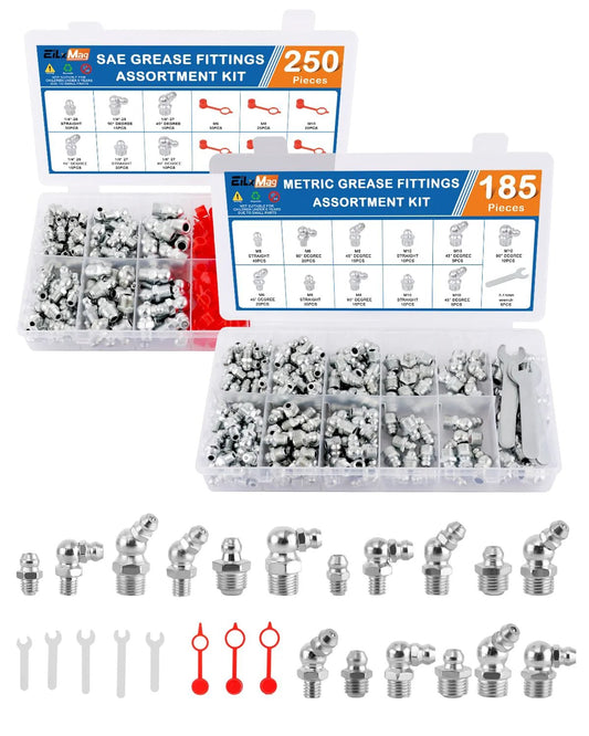 Grease Fittings Assortment Kit 435 Pcs SAE and Metric Zerk Fittings with various angles and caps, in divided cases