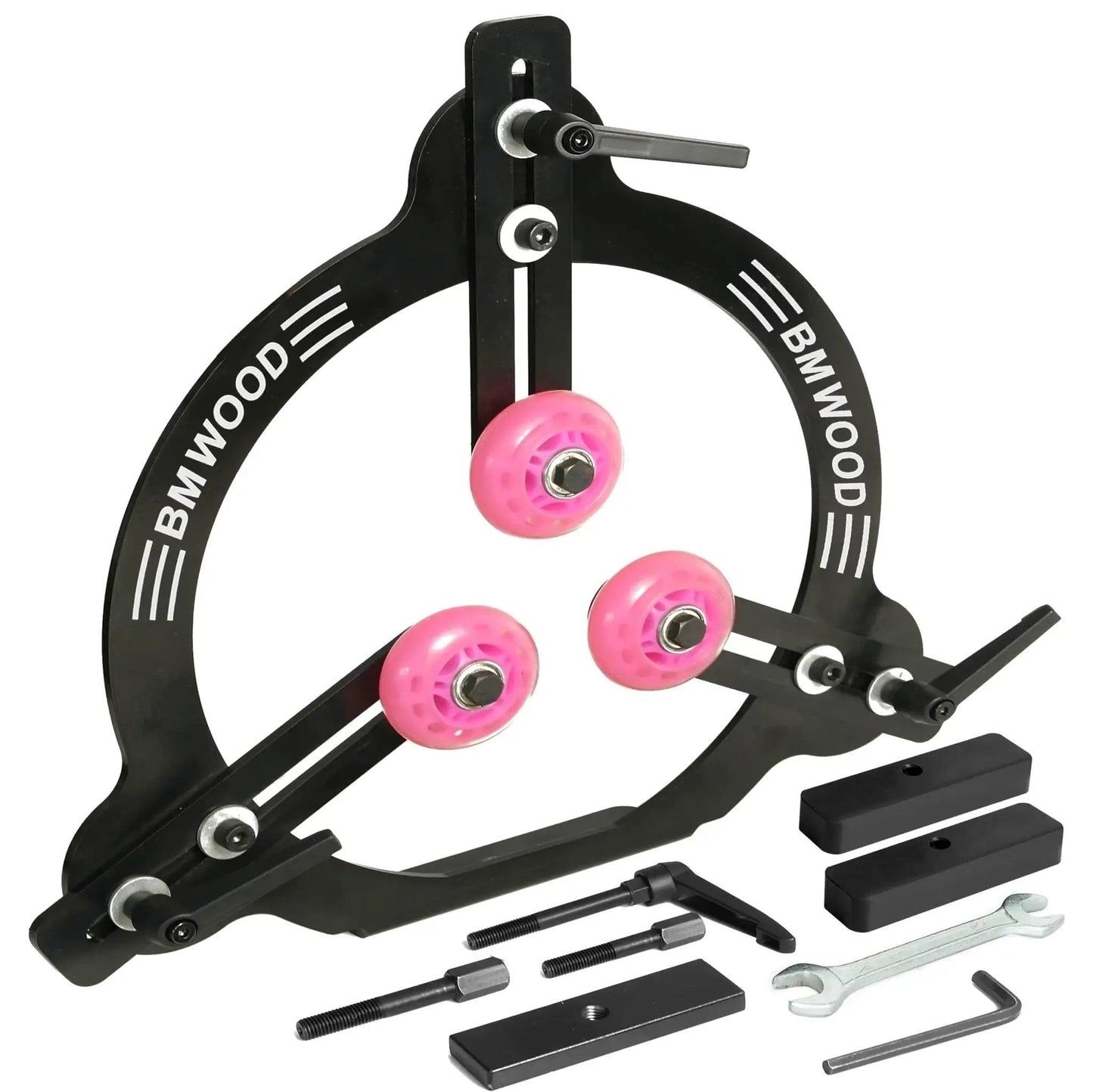 Pro Grade Woodturning Steady Rest For 12 Inch 14 Inch And 16 Inch Swing Lathes Ideal For Spindle Turning Heavy Duty Steel Plate Three Rubber Coated Rollers For Smooth Mobility And Stability Dual Bearing Design shown with tools and parts.