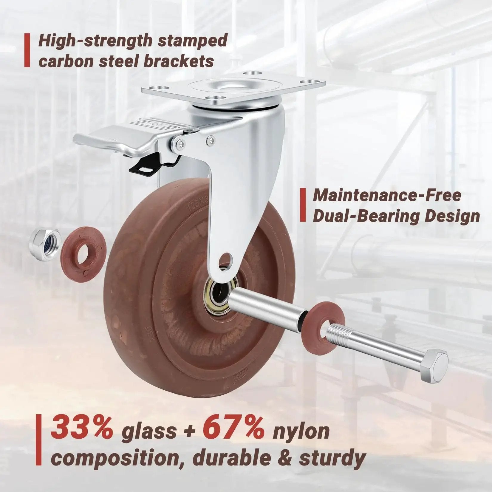 5 Inch Heavy Duty Casters Set Of 4 With Brakes 2400 Lbs Capacity High Temperature Glass Filled Nylon Wheels shown in industrial setting