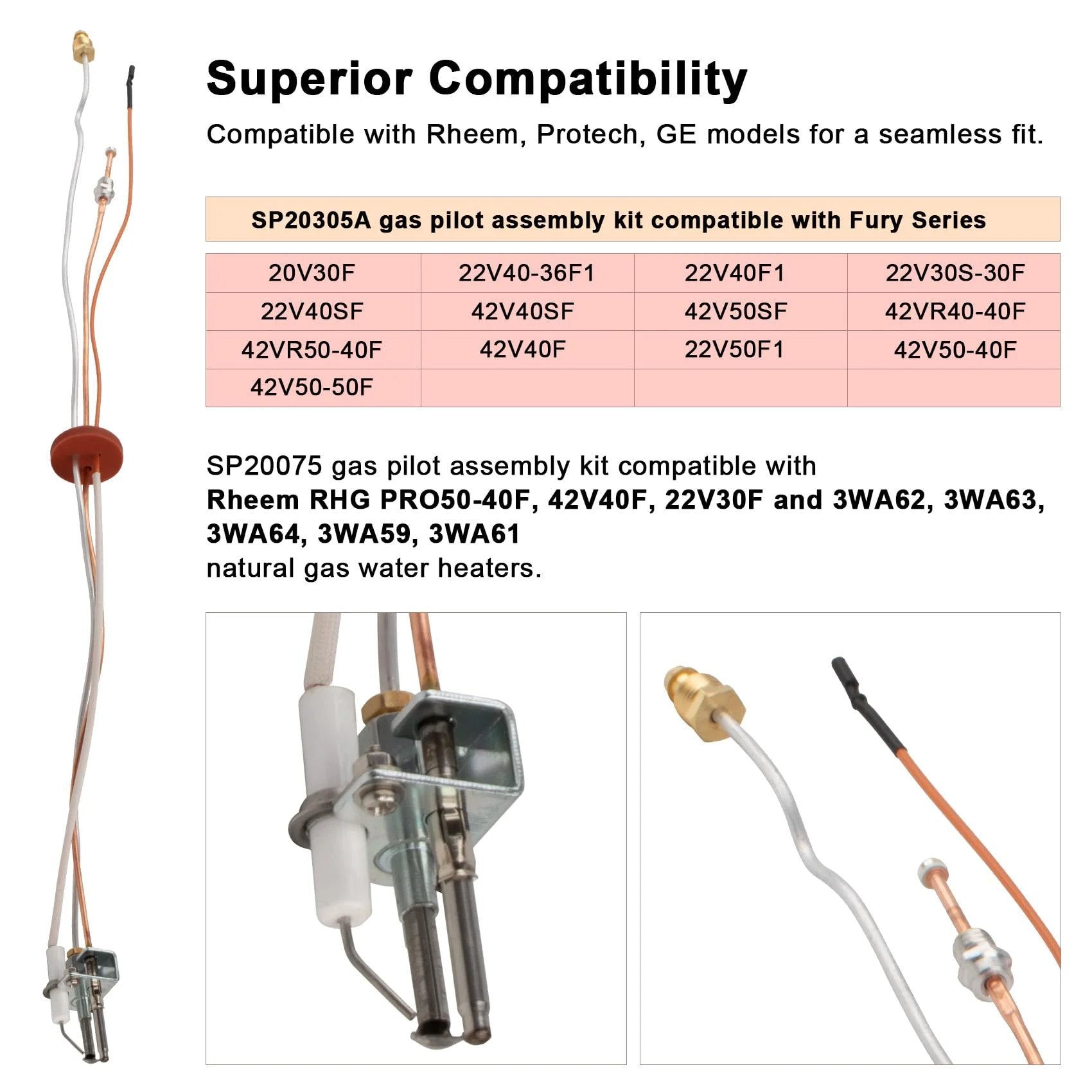 Pilot And Igniter Assembly Replacement Kit SP20075 SP20305A For Natural Gas Water Heater showing assembly components.
