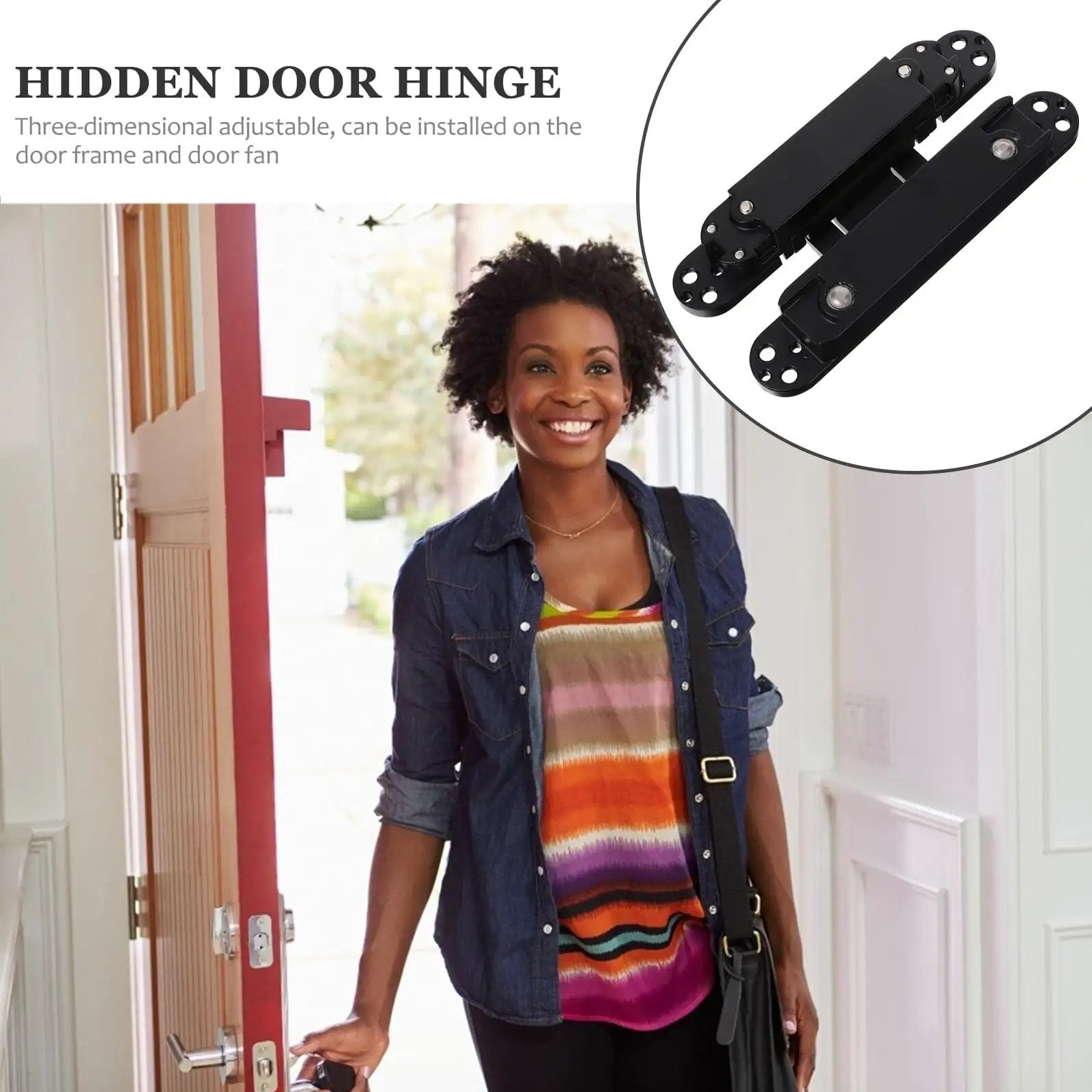 Beefy Heavy Duty Concealed Door Hinge For Wood Doors Adjustable Multi Directional Invisible Cross Hinge 180 Degree Swing Load Bearing 40kg Metal Hinge For Home Interiors shown with open wooded door next to a smiling woman in a colorful top.
