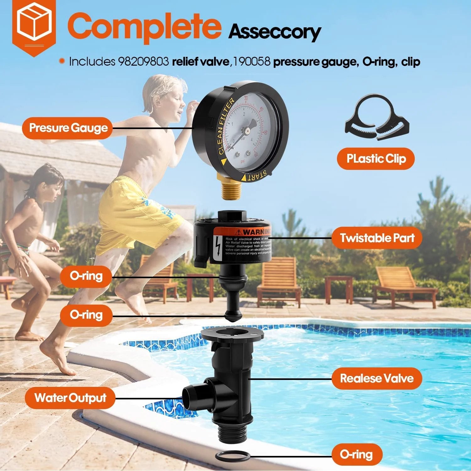 High Flow Manual Relief Valve With Air Relief And Pressure Gauge For Pool And Spa Filters Replacement For Warrior EasyClean Aboveground Clean And Clear FNS Series SMBW 2000 4000 Pro Grade Gear 1 Pack 98209800, product components labeled