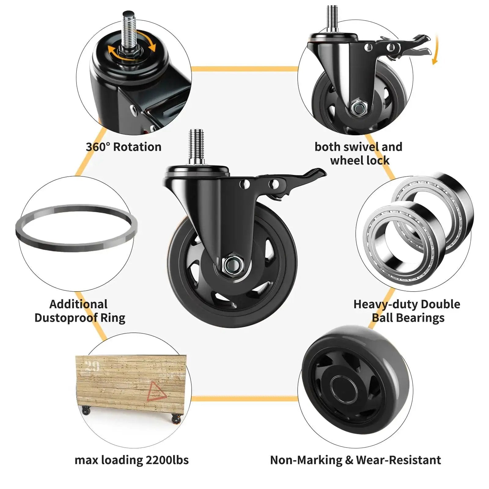 Four Inch Stem Caster Wheels Set Of Four Heavy Duty With Half Inch 13 UNC X 1 Threaded Stem Dual Lock Brakes Industrial Castors diagram showing features.