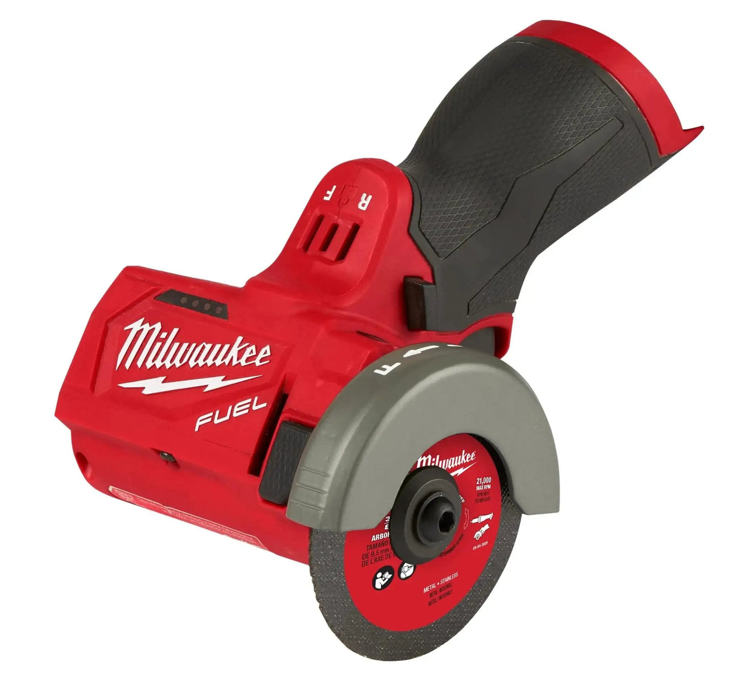 Compact 12V Cut Off Tool Bare Tool With Reversible Blade Rotation, Powerstate Brushless Motor, Redlink Plus Intelligence For Overload Protection, And Ergonomic One Hand Grip For Precise Pro Grade Cuts Milwaukee with metal cutting blade and ergonomic grip.