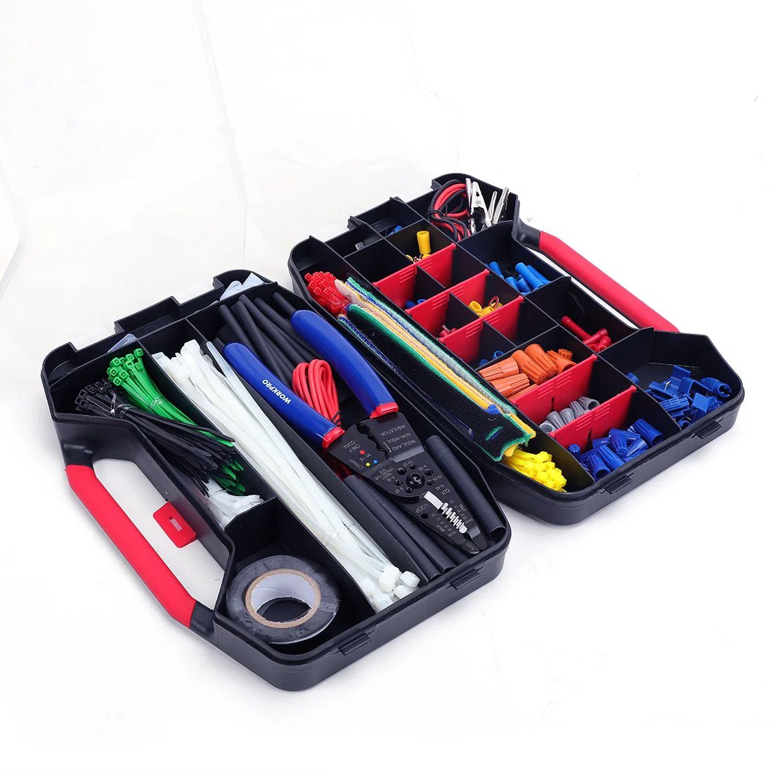 Complete 582 Piece Wire Terminal Kit With Crimp Terminals Heat Shrink Tubes Electrical Connectors And A Handy Wire Cutter Stripper in open case.