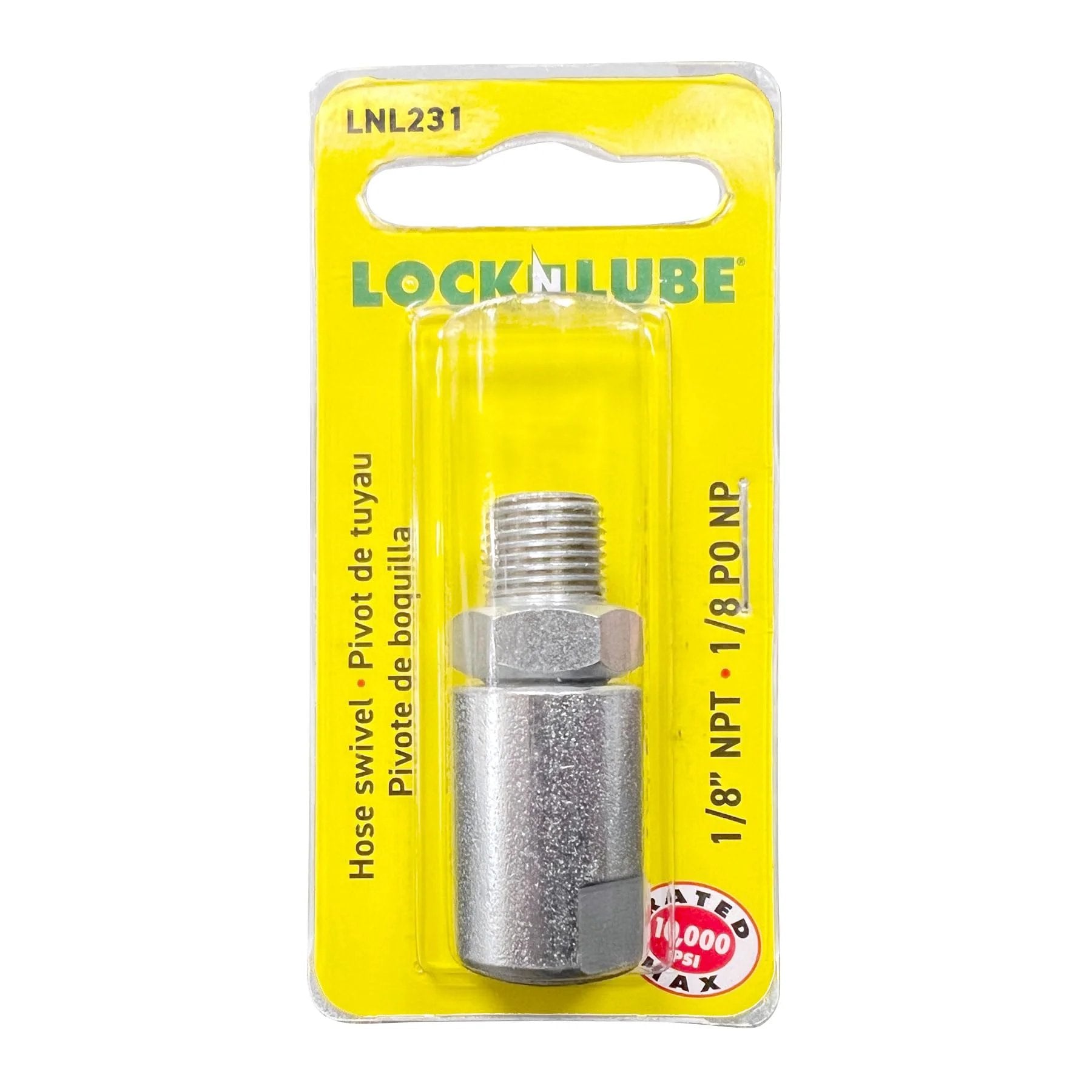 Heavy Duty One Eighth Inch NPT In Line Grease Hose Swivel For Any Manual Grease Gun Fits All Brands Rated Up To Ten Thousand PSI And Just One Point Five Inches Long With Strong Lateral Force Resistance For Tight Spaces in packaging