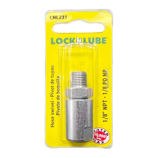 Heavy Duty One Eighth Inch NPT In Line Grease Hose Swivel For Any Manual Grease Gun Fits All Brands Rated Up To Ten Thousand PSI And Just One Point Five Inches Long With Strong Lateral Force Resistance For Tight Spaces in packaging