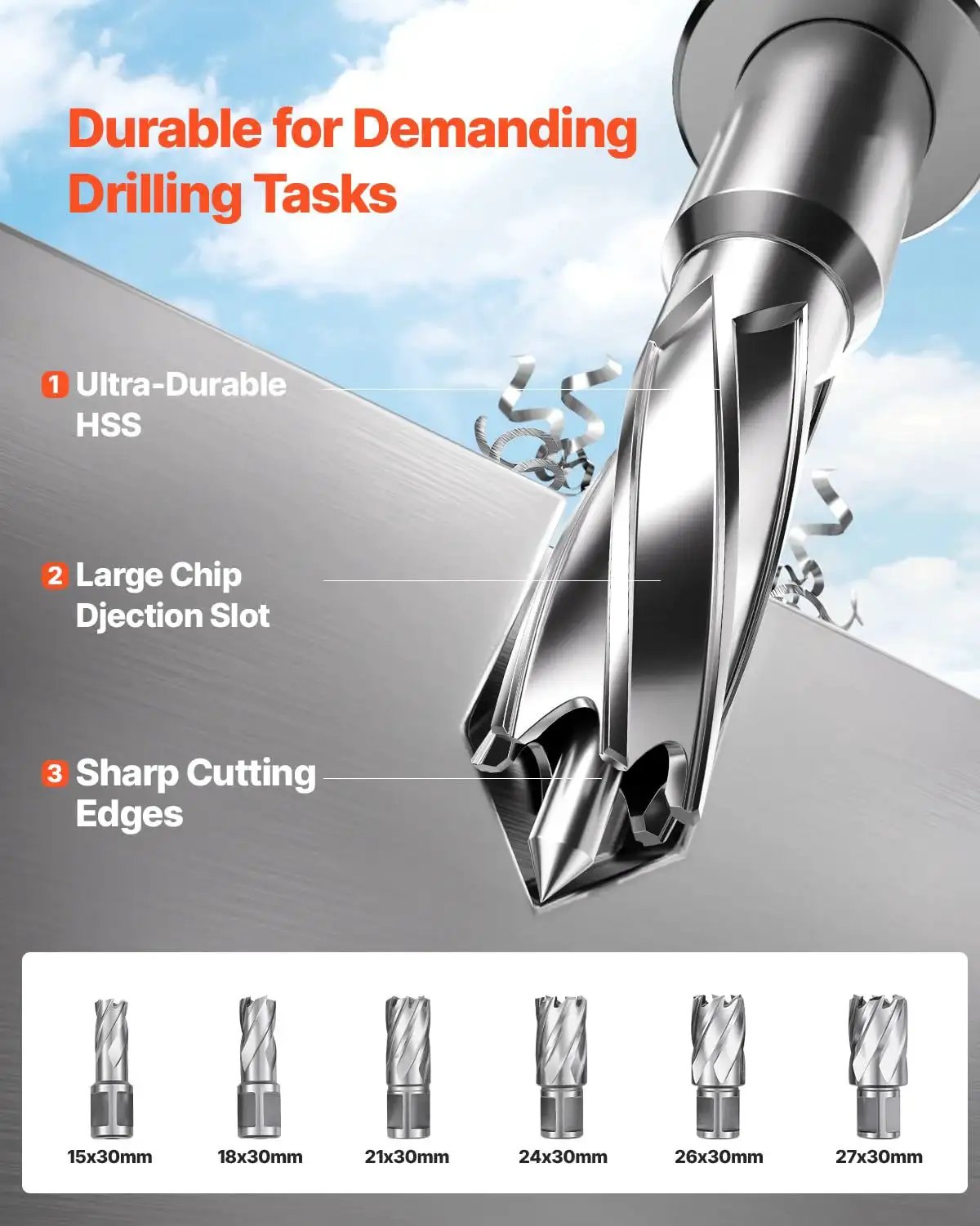 Close-up of heavy duty magnetic drill press with 1450W motor, 0-800 RPM, showing sharp coring bits and metal shavings.