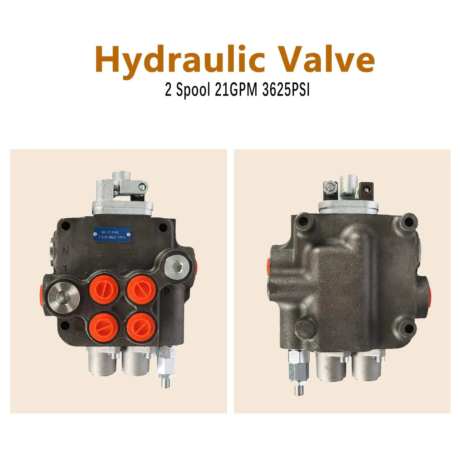 2 Spool Hydraulic Valve With Joystick Control For Heavy Equipment 21GPM Flow 3625PSI Relief Double Acting Valve Front and Side View
