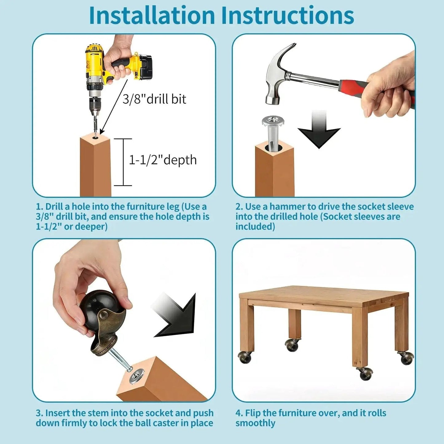 Installation instructions for 2 Inch Ball Caster With Grip Neck Stem And Brake Sockets For Furniture Set Of Four Vintage Swivel Caster Wheels For Ottoman And Coffee Table Heavy Duty Plastic And Steel Construction Each Caster Supports Up To 88 Lbs Stem Mount Five Sixteenths Inch By.