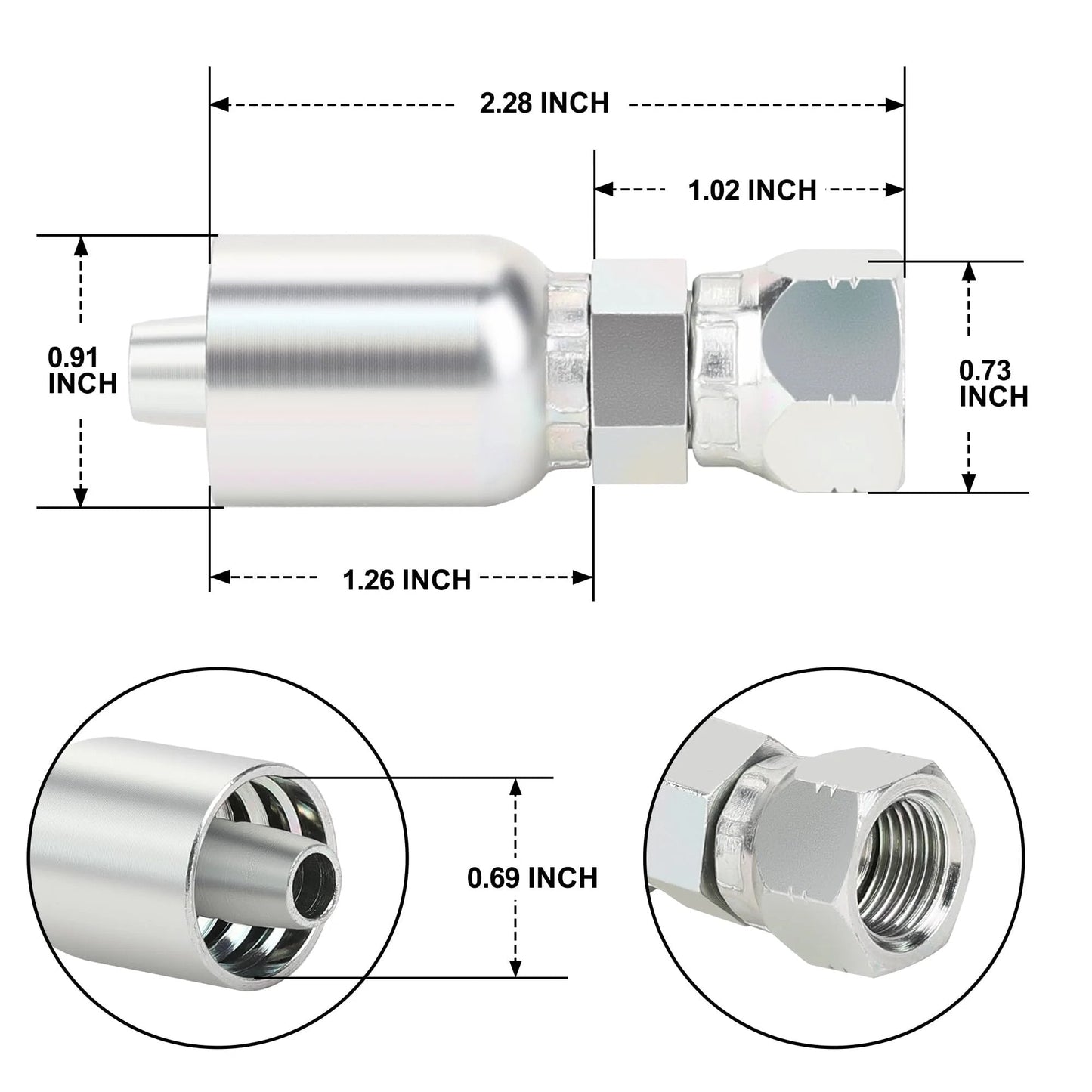Three Eighths Hydraulic Hose Fittings Set With Three Eighths Inch Female JIC 37 Degree Swivel Crimp Fittings Ten Piece dimensions