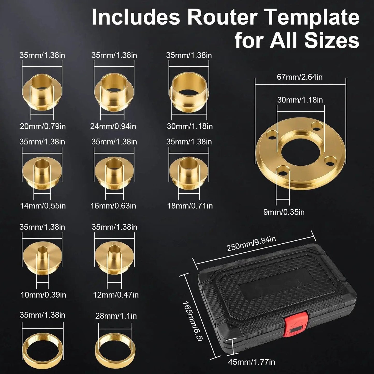 11Pcs Brass Router Bushing Guide Set With Lock Nut Adapter showing various bushing sizes and included router template and case