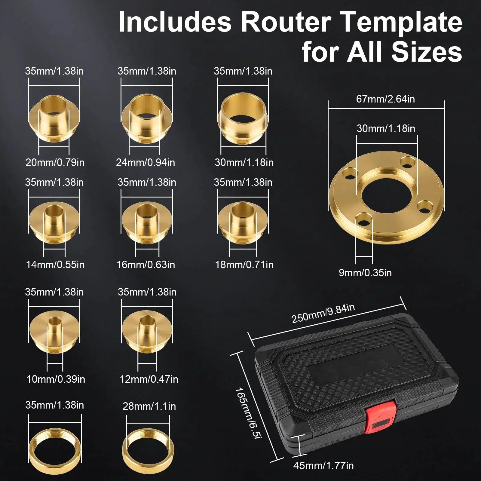 11Pcs Brass Router Bushing Guide Set With Lock Nut Adapter showing various bushing sizes and included router template and case