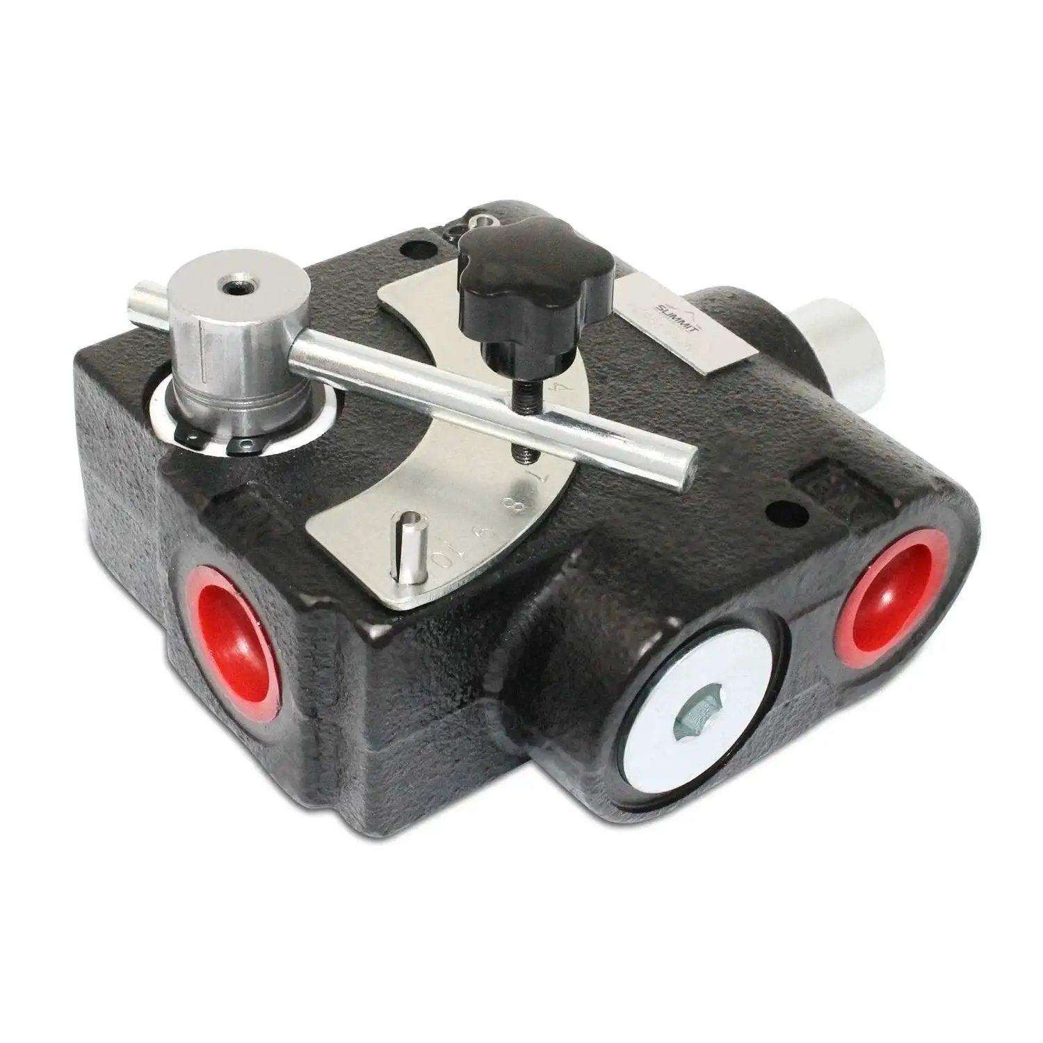 Adjustable Hydraulic Flow Control Valve With Relief 0-30 GPM, black body with red ports, pressure compensating, 3/4 NPT port